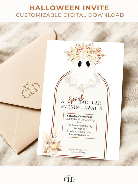 Halloween Ghost Invitation Digital Template Download Autumn Floral Design Gothic Style Party Collection Elegant Frame Details Customizable Text Options Premium Quality Template Canva Edit Format Easy Personalization Beautiful Flower Crown