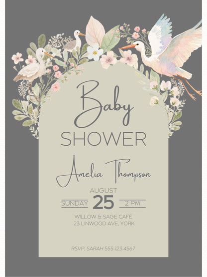 Baby Shower Invitation Gender Neutral Design Template Canva Editing Digital Download Birth Announcement Party Floral Watercolor Art