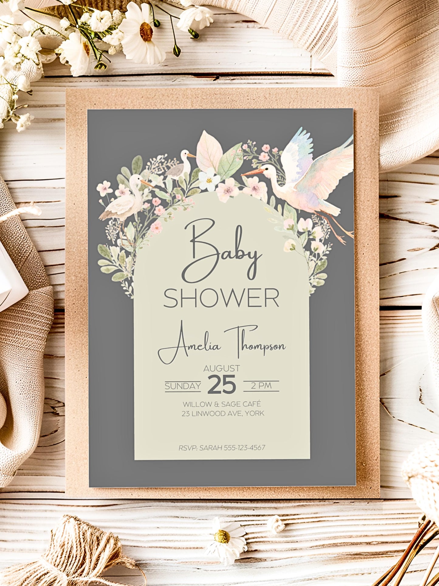 Baby Shower Invitation Gender Neutral Design Template Canva Editing Digital Download Birth Announcement Party Floral Watercolor Art