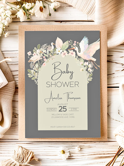 Baby Shower Invitation Gender Neutral Design Template Canva Editing Digital Download Birth Announcement Party Floral Watercolor Art
