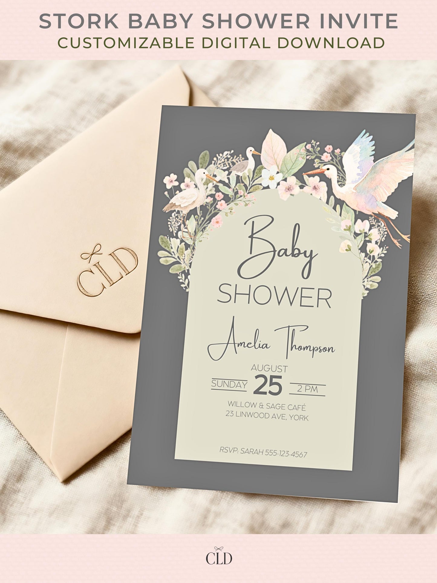 Garden Party Baby Shower Digital Template Watercolor Botanical Elements Custom Invitation Design Nature Inspired Theme Bird Motif Details Sage Green Pink Colors Beautiful Arch Layout Easy Canva Editing Format Elegant Announcement Collection
