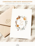 Elegant watercolor Christmas wreath card with customizable family newsletter, editable Canva holiday template