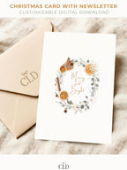 Elegant watercolor Christmas wreath card with customizable family newsletter, editable Canva holiday template
