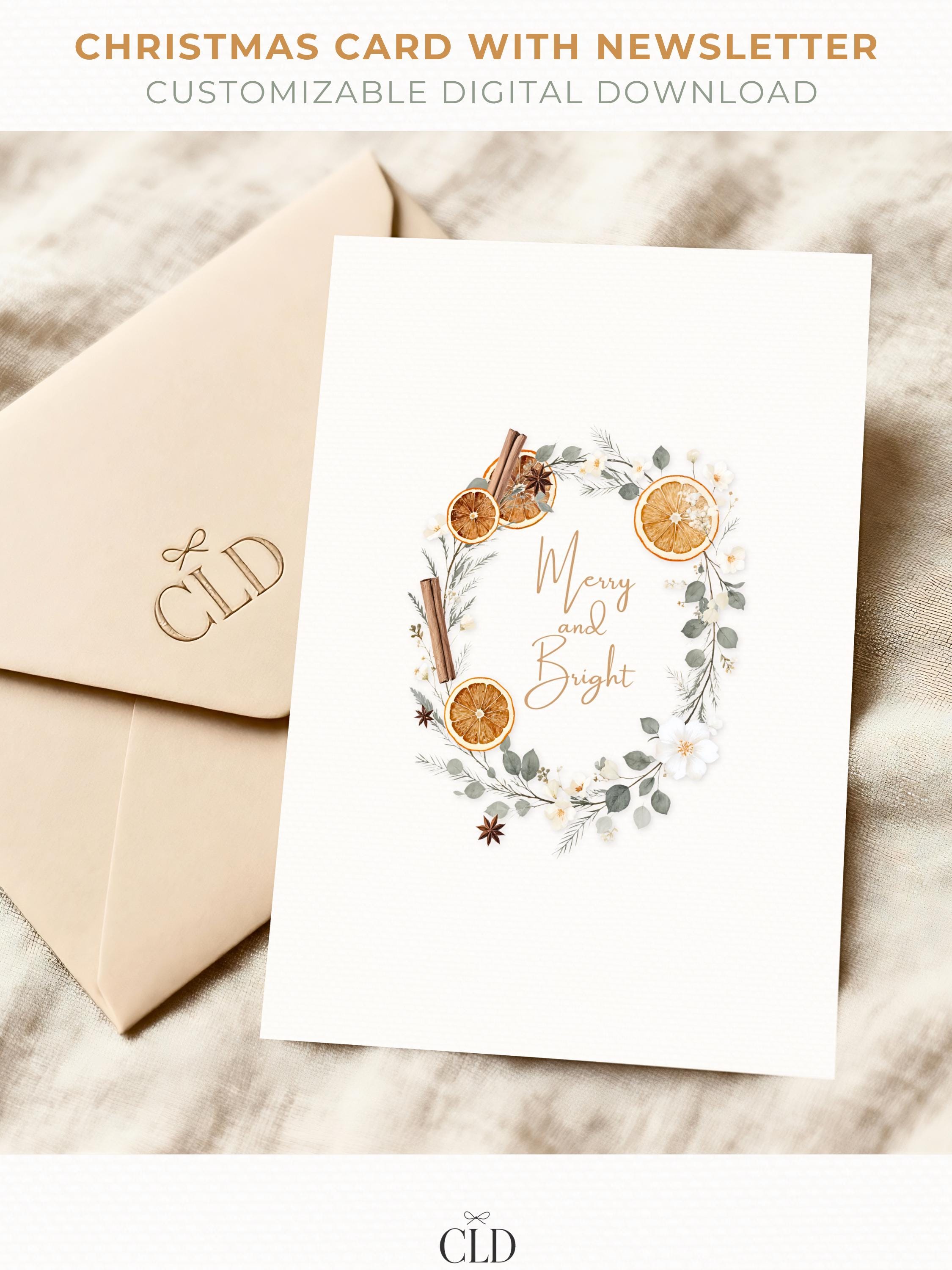 Elegant watercolor Christmas wreath card with customizable family newsletter, editable Canva holiday template