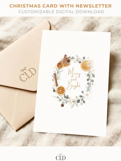 Elegant watercolor Christmas wreath card with customizable family newsletter, editable Canva holiday template