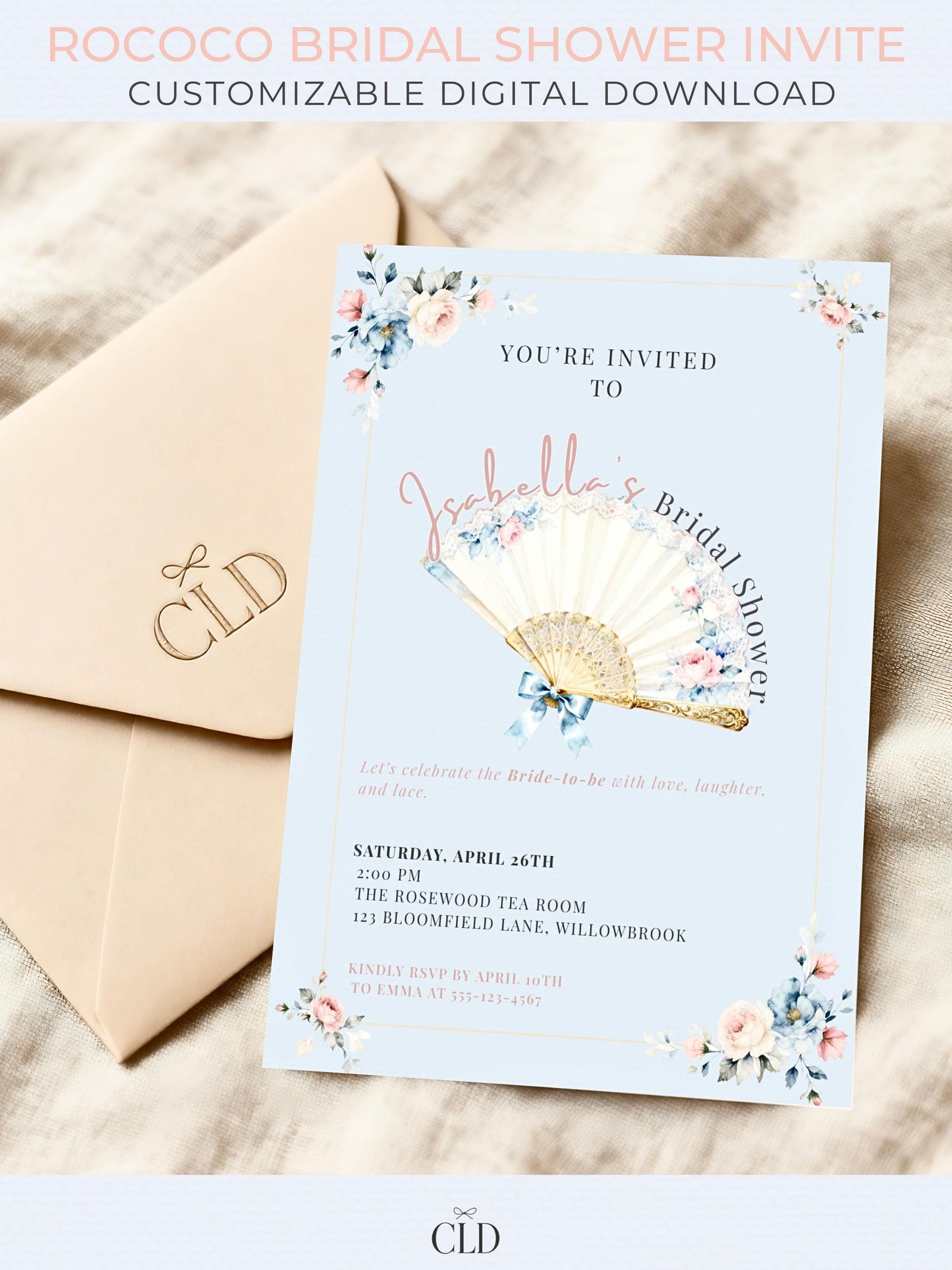 Rococo bridal shower invitation template with pastel blue background, vintage lace fan illustration, and blush pink and blue floral accents. Editable Canva digital download, customizable for bridal shower evites or printable invitations