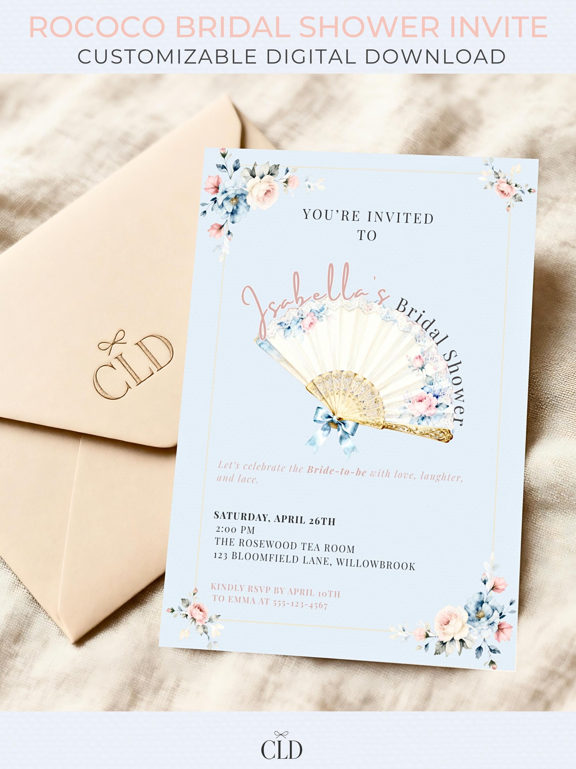 Rococo bridal shower invitation template with pastel blue background, vintage lace fan illustration, and blush pink and blue floral accents. Editable Canva digital download, customizable for bridal shower evites or printable invitations