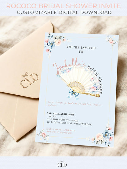 Rococo bridal shower invitation template with pastel blue background, vintage lace fan illustration, and blush pink and blue floral accents. Editable Canva digital download, customizable for bridal shower evites or printable invitations