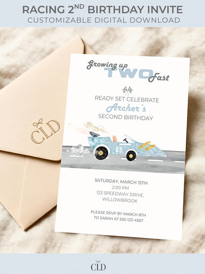 Growing up TWO fast" printable racing birthday invitation with a watercolor race car design. Perfect for a second birthday party, the invite is shown on a white background with soft shadows, highlighting the customizable Canva template for printing or digital sharing.