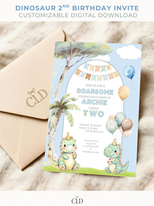 Watercolor dinosaur 2nd birthday invitation template featuring two cute green dinosaurs holding cupcakes with balloons, palm trees, and a “Happy Birthday” banner, displayed on a phone and printed card.