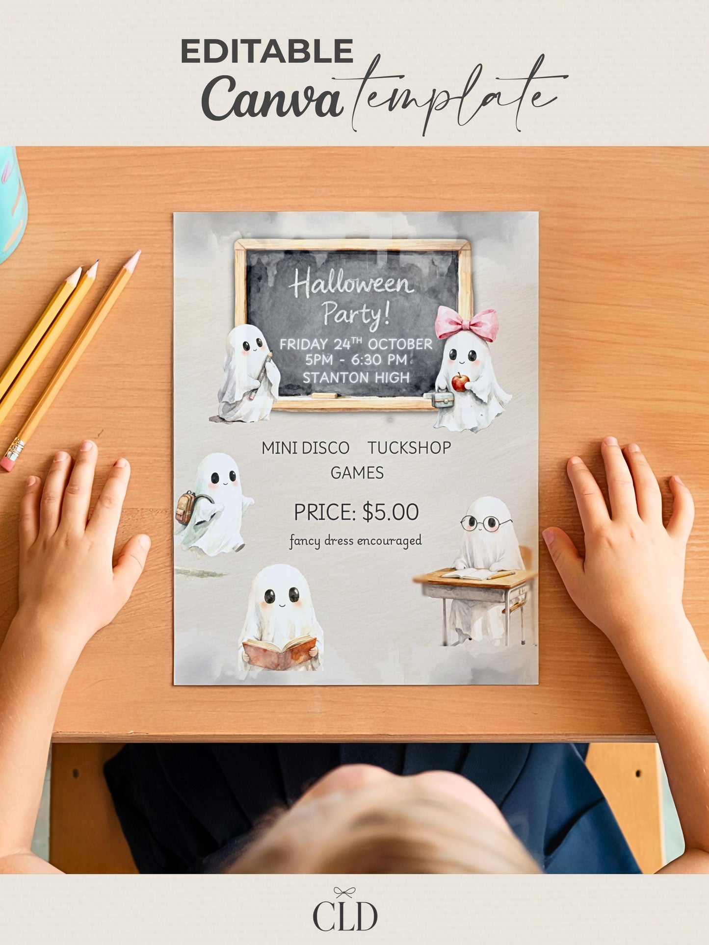School Halloween Party Invitation Template - Editable Canva Halloween Invite - Cute Ghost Kids Party Flyer (Printable Digital Download)