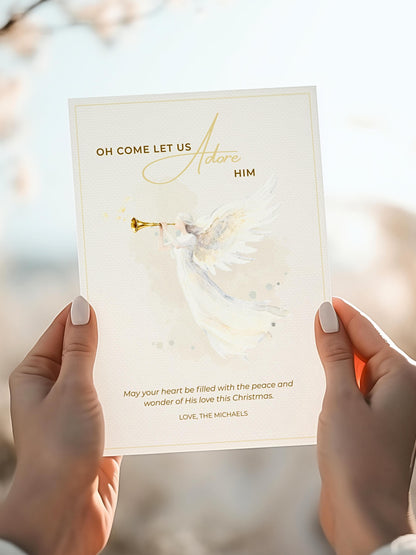 Editable Angel Christmas Card Template, Oh Come Let Us Adore Him Christian, Modern Watercolor Faith Holiday Instant Download Canva Template