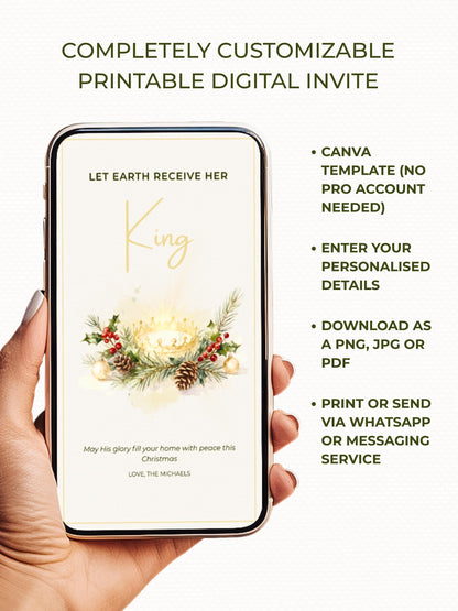 Editable Christian Holiday Christmas Card-Let Earth Receive Her King Golden Crown (Religious Printable Canva Template Digital Download)
