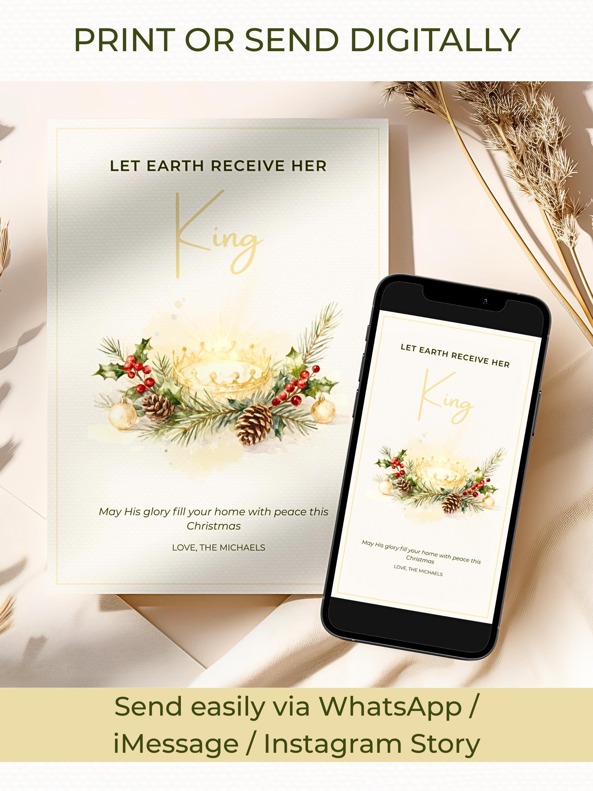 Editable Christian Holiday Christmas Card-Let Earth Receive Her King Golden Crown (Religious Printable Canva Template Digital Download)