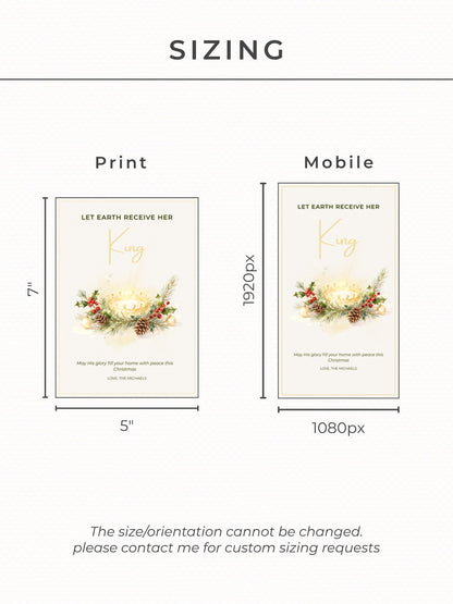 Editable Christian Holiday Christmas Card-Let Earth Receive Her King Golden Crown (Religious Printable Canva Template Digital Download)