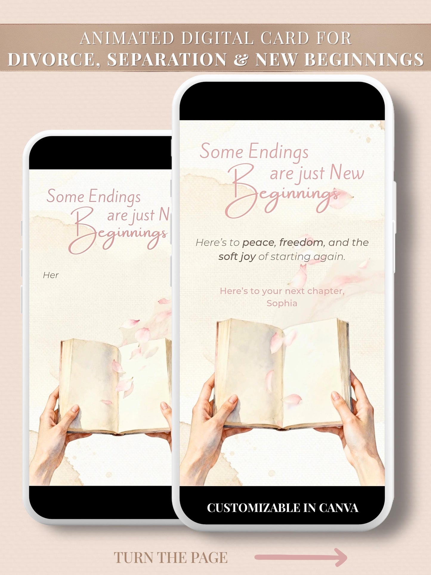 Soft watercolor animated digital card showing an open book with pink petals floating upward, text reads “Some Endings Are Just New Beginnings,” customizable Canva template for divorce, breakup, or new chapter