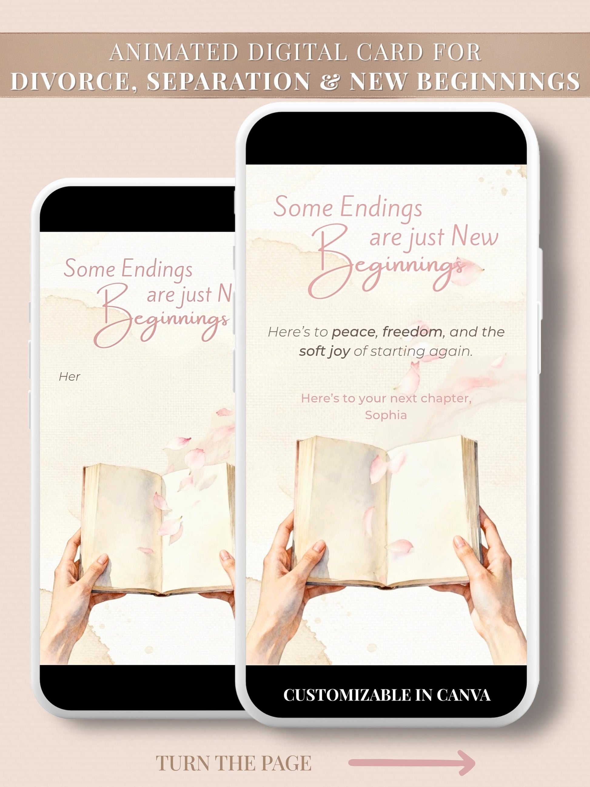 Soft watercolor animated digital card showing an open book with pink petals floating upward, text reads “Some Endings Are Just New Beginnings,” customizable Canva template for divorce, breakup, or new chapter