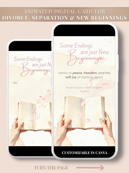 Soft watercolor animated digital card showing an open book with pink petals floating upward, text reads “Some Endings Are Just New Beginnings,” customizable Canva template for divorce, breakup, or new chapter