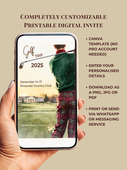 Golf Trip Invitation Template - Editable Canva Golfing Weekend Evite - Plaid Country Club Digital Instant Download Printable Invite
