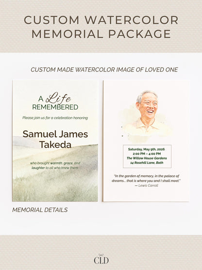 Elegant neutral-toned mockup showcasing a Custom Watercolor Memorial Package by CLD. The design includes two cards side by side — one with soft green watercolor textures reading 'A Life Remembered – Samuel James Takeda, who brought warmth, grace, and laughter to all who knew them,' and another featuring a smiling watercolor portrait of an elderly man with memorial details and a Lewis Carroll quote beneath. The layout is clean, modern, and minimalist with beige and green tones.