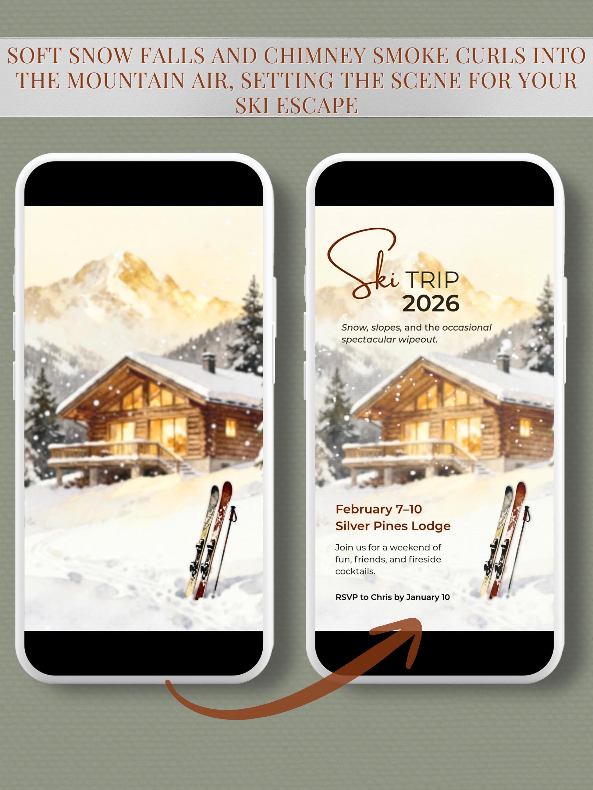 Animated Ski Trip Invitation - Winter Cabin Evite - Digital Snowy Getaway Weekend Party Invite (Instant Download Editable Canva Template)