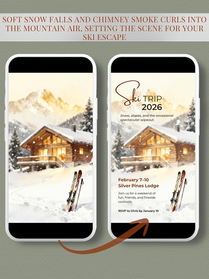 Animated Ski Trip Invitation - Winter Cabin Evite - Digital Snowy Getaway Weekend Party Invite (Instant Download Editable Canva Template)