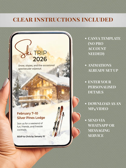 Animated Ski Trip Invitation - Winter Cabin Evite - Digital Snowy Getaway Weekend Party Invite (Instant Download Editable Canva Template)