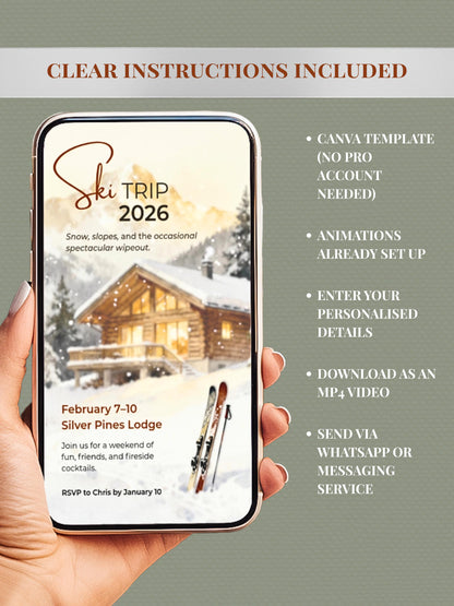 Animated Ski Trip Invitation - Winter Cabin Evite - Digital Snowy Getaway Weekend Party Invite (Instant Download Editable Canva Template)