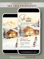 Elegant animated ski trip invitation featuring a watercolor log cabin surrounded by snow and pine trees, glowing warmly with skis in the foreground and text reading “Ski Trip 2026” — customizable Canva template for digital download.