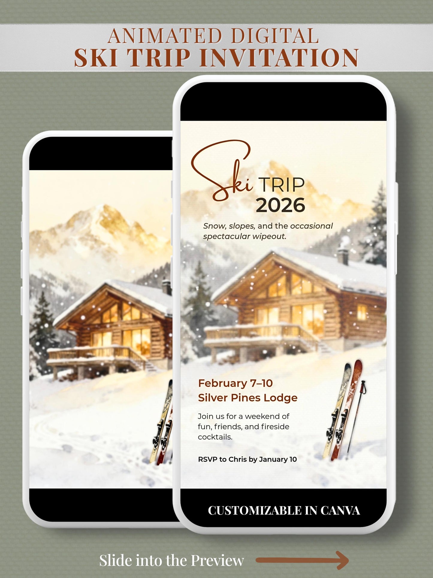 Elegant animated ski trip invitation featuring a watercolor log cabin surrounded by snow and pine trees, glowing warmly with skis in the foreground and text reading “Ski Trip 2026” — customizable Canva template for digital download.