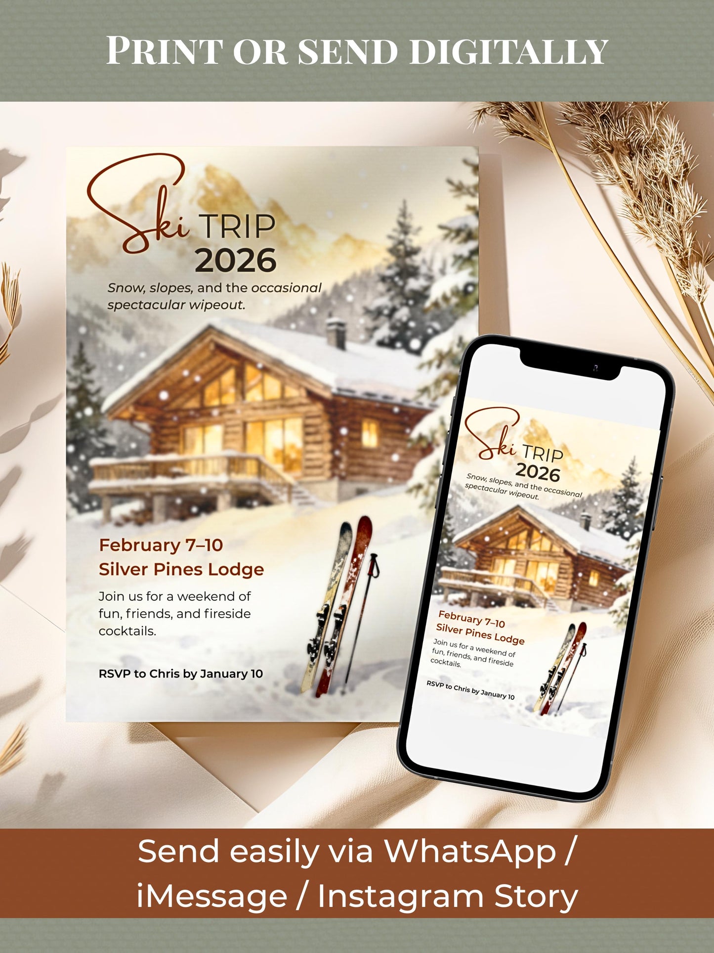Ski Trip Invitation - Printable Winter Getaway Invite - Cozy Cabin Lodge Weekend Party Evite (Instant Download Editable Canva Template)