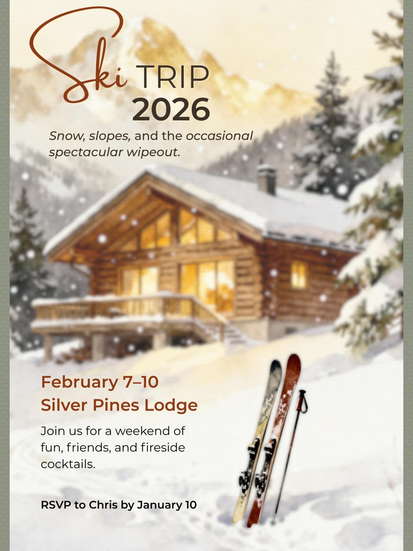Ski Trip Invitation - Printable Winter Getaway Invite - Cozy Cabin Lodge Weekend Party Evite (Instant Download Editable Canva Template)