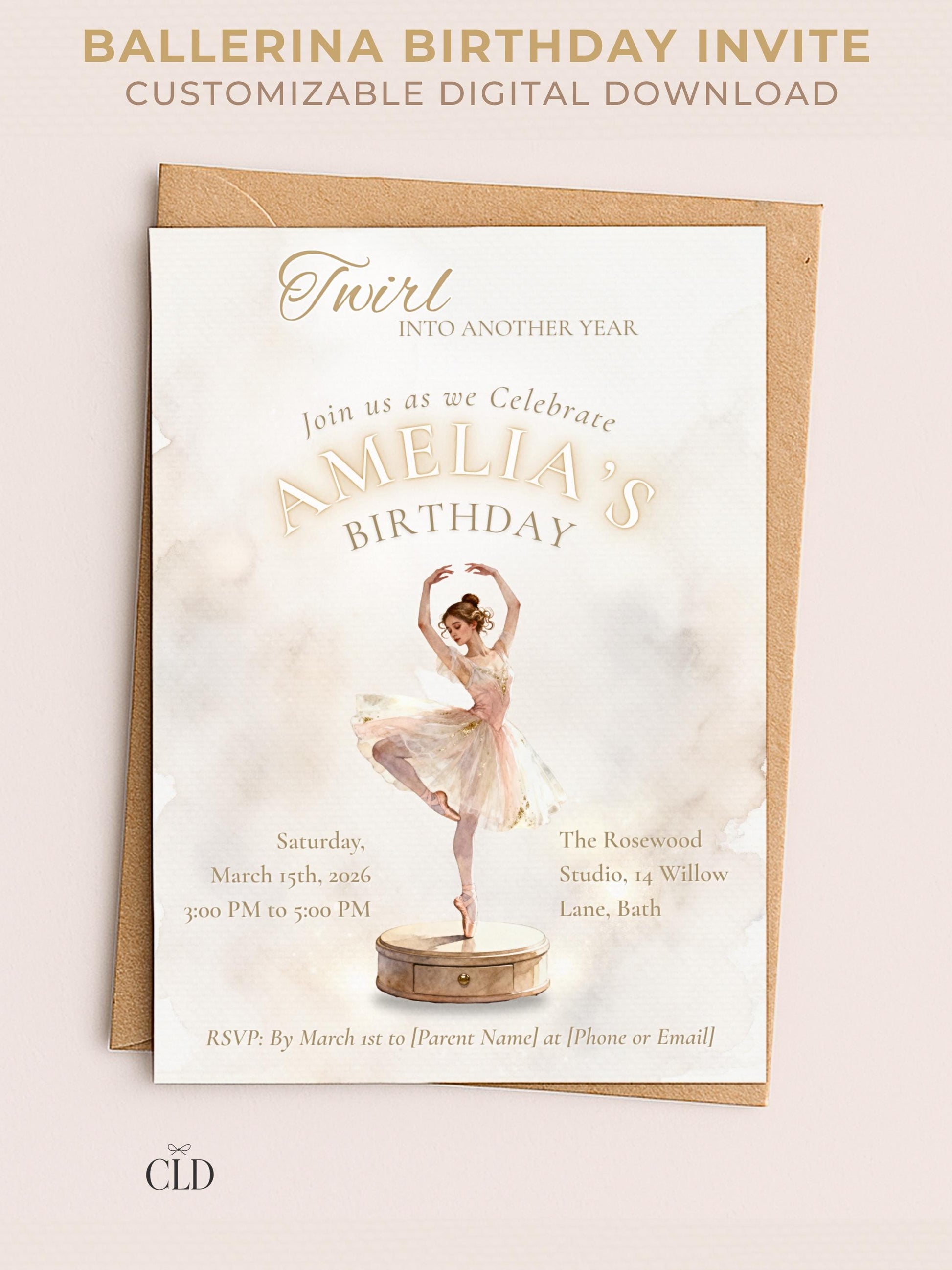Elegant watercolor ballerina birthday invitation featuring a graceful dancer twirling atop a vintage music box stand, surrounded by soft beige and gold tones with the text “Twirl Into Another Year” and customizable event details displayed below. Printable Canva template shown with envelope, designed for children’s ballet-themed birthdays