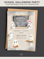 Watercolor ghost school Halloween invitation featuring cute ghosts reading, teaching, and learning around a chalkboard with “Halloween Party” text — modern minimalist neutral-toned kids’ party design mockup by Chelsea Lamont Design