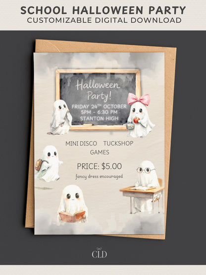 Watercolor ghost school Halloween invitation featuring cute ghosts reading, teaching, and learning around a chalkboard with “Halloween Party” text — modern minimalist neutral-toned kids’ party design mockup by Chelsea Lamont Design