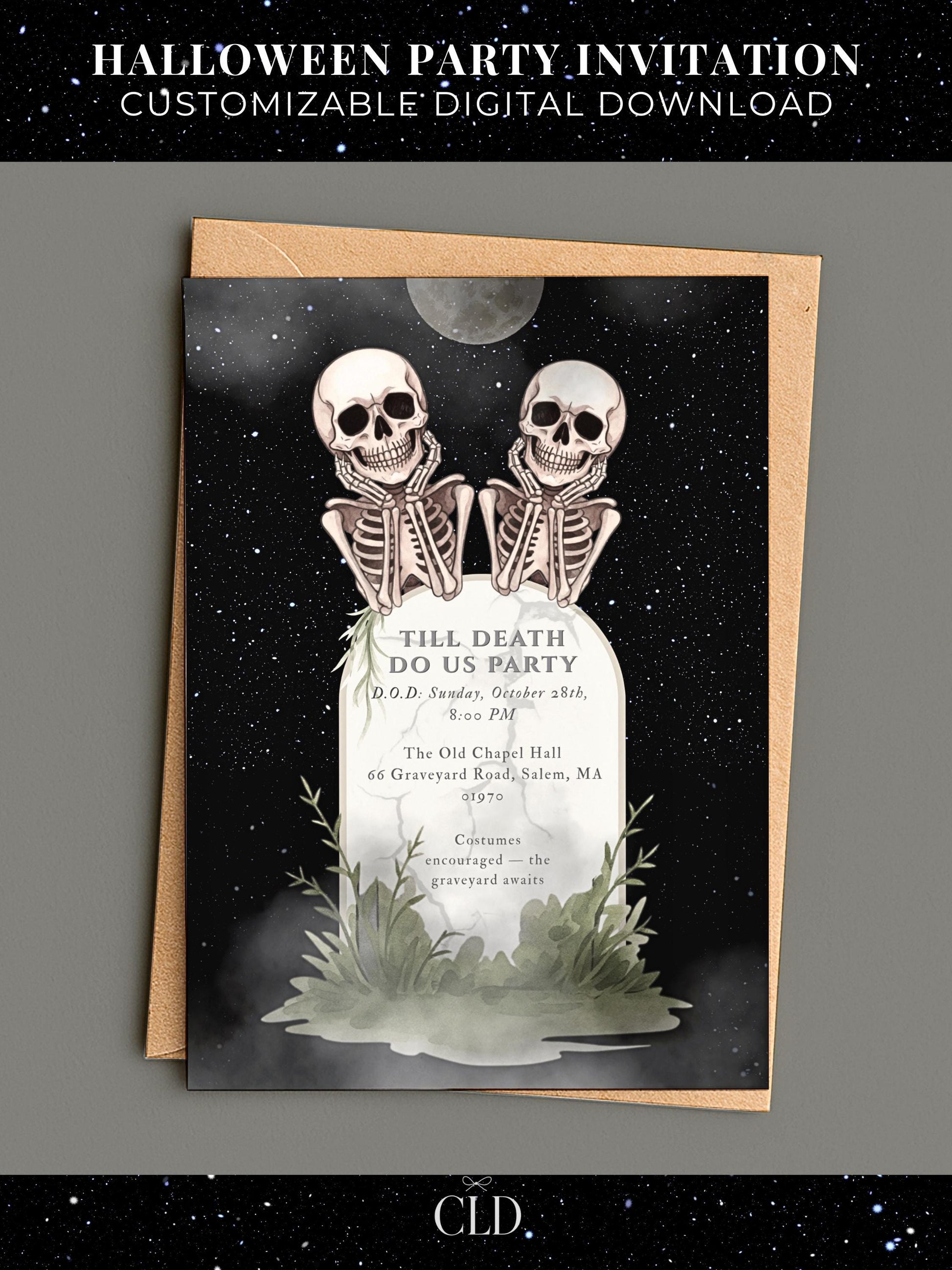 Editable Halloween party invitation featuring two skeletons perched on a tombstone under a full moon and starry night sky, with the text 'Till Death Do Us Party.' Customizable digital download template displayed with white envelope, perfect for spooky Halloween events