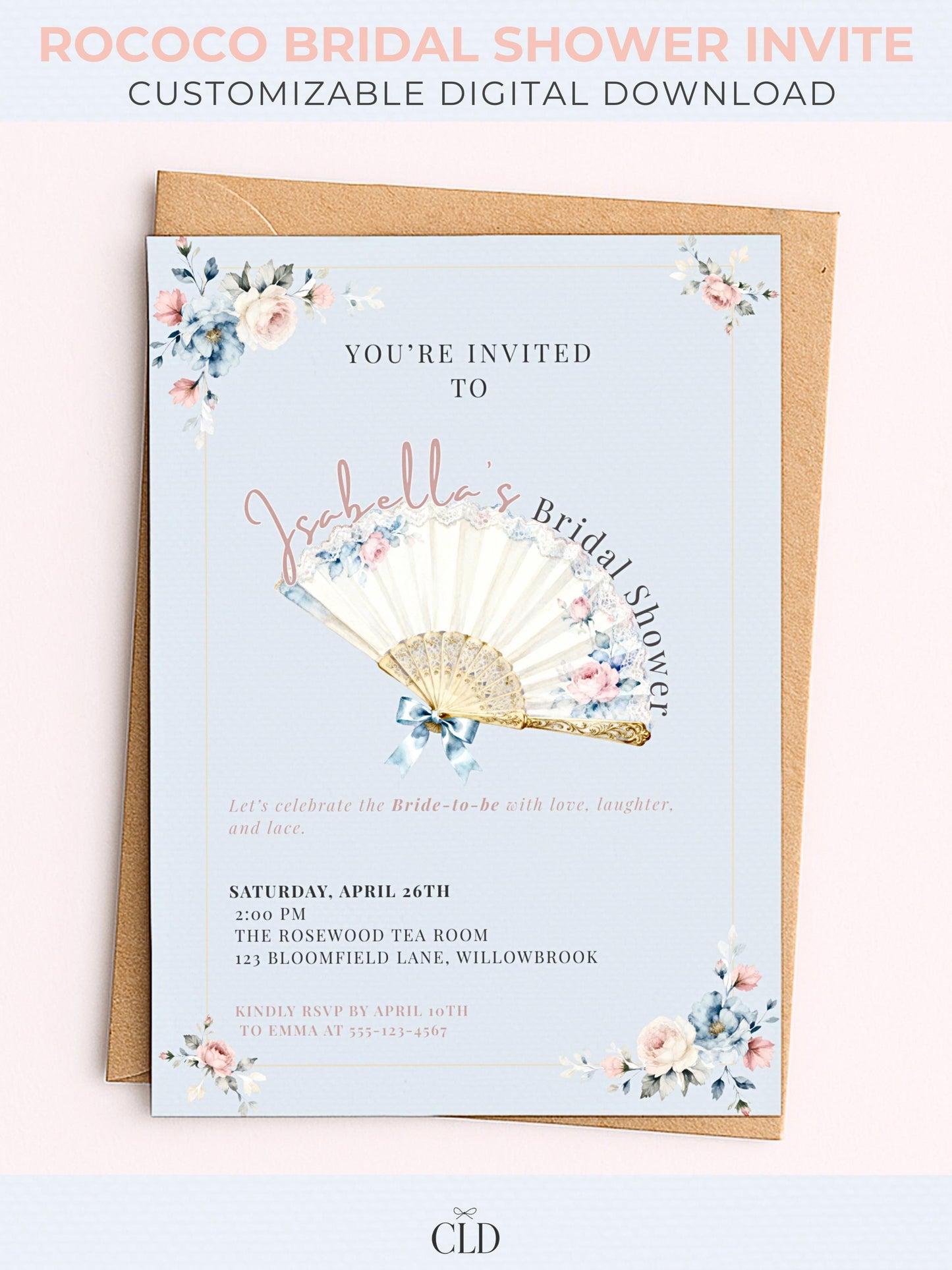 Rococo bridal shower invitation template with pastel blue background, vintage lace fan illustration, and blush pink and blue floral accents. Editable Canva digital download, customizable for bridal shower evites or printable invitations
