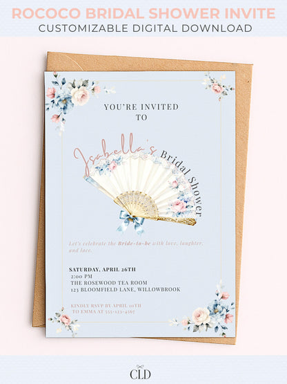 Rococo bridal shower invitation template with pastel blue background, vintage lace fan illustration, and blush pink and blue floral accents. Editable Canva digital download, customizable for bridal shower evites or printable invitations