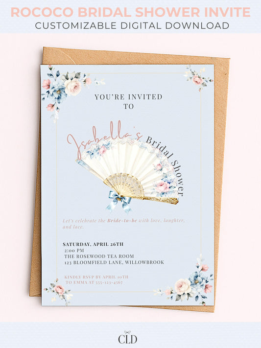 Rococo bridal shower invitation template with pastel blue background, vintage lace fan illustration, and blush pink and blue floral accents. Editable Canva digital download, customizable for bridal shower evites or printable invitations