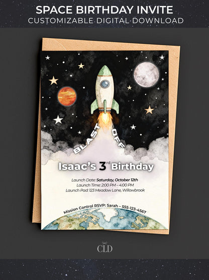 Watercolor space birthday invitation mockup: a rocket blasts off amid stars, moon and planet; curved ‘BLAST OFF’ around the rocket and ‘Isaac’s 3rd Birthday’ below. Clean white card with CLD logo; header reads ‘Space Birthday Invite – Customizable Digital Download