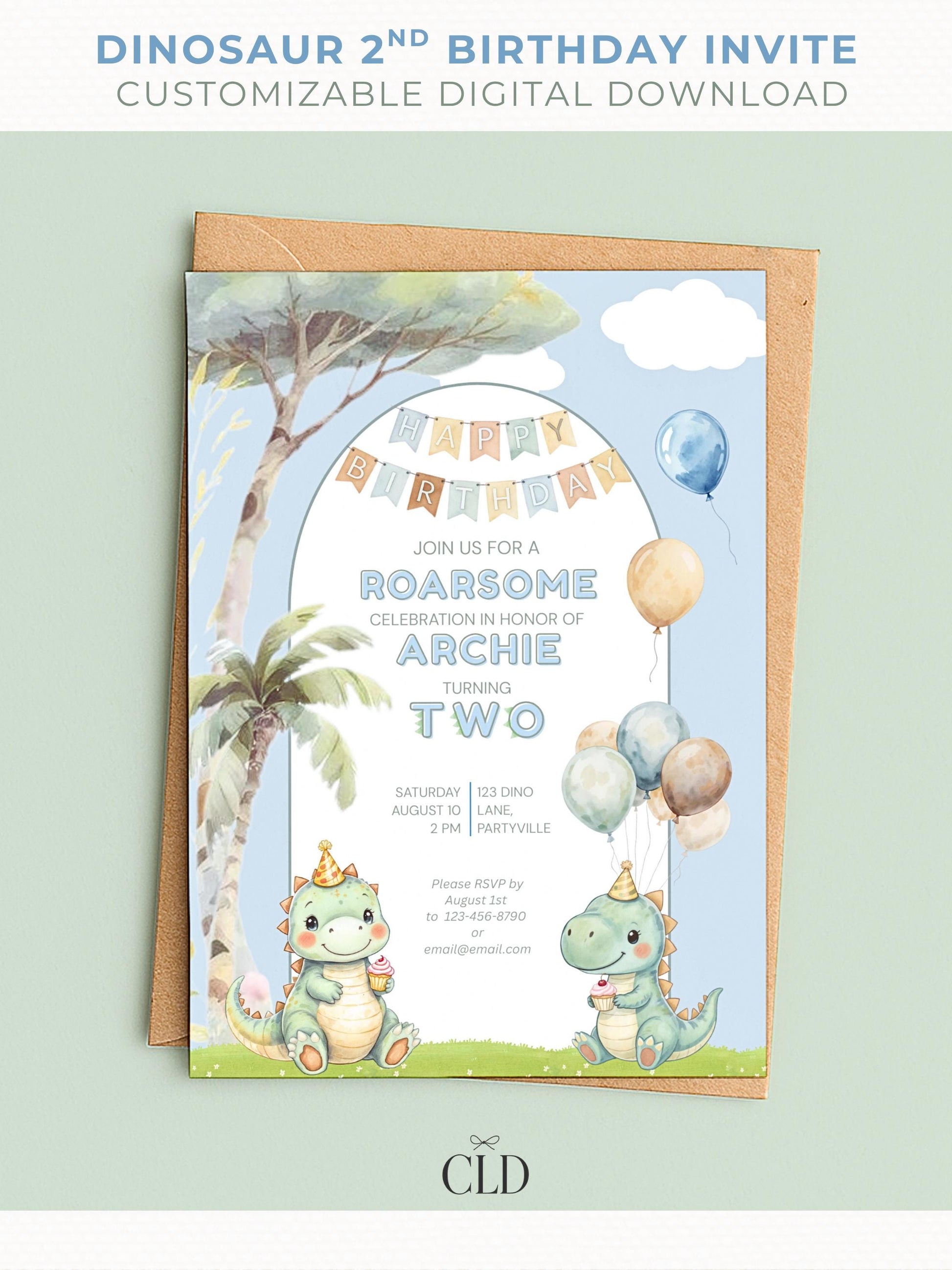 Watercolor dinosaur 2nd birthday invitation template featuring two cute green dinosaurs holding cupcakes with balloons, palm trees, and a “Happy Birthday” banner, displayed on a phone and printed card.