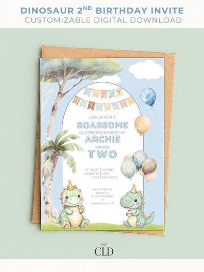 Watercolor dinosaur 2nd birthday invitation template featuring two cute green dinosaurs holding cupcakes with balloons, palm trees, and a “Happy Birthday” banner, displayed on a phone and printed card.