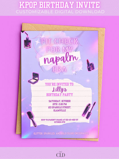 KPop Demon Hunter Inspired birthday invite with the lyrics fit check for my napalm era written on it in fluorescent pink and purple with makeup and beauty elements around it