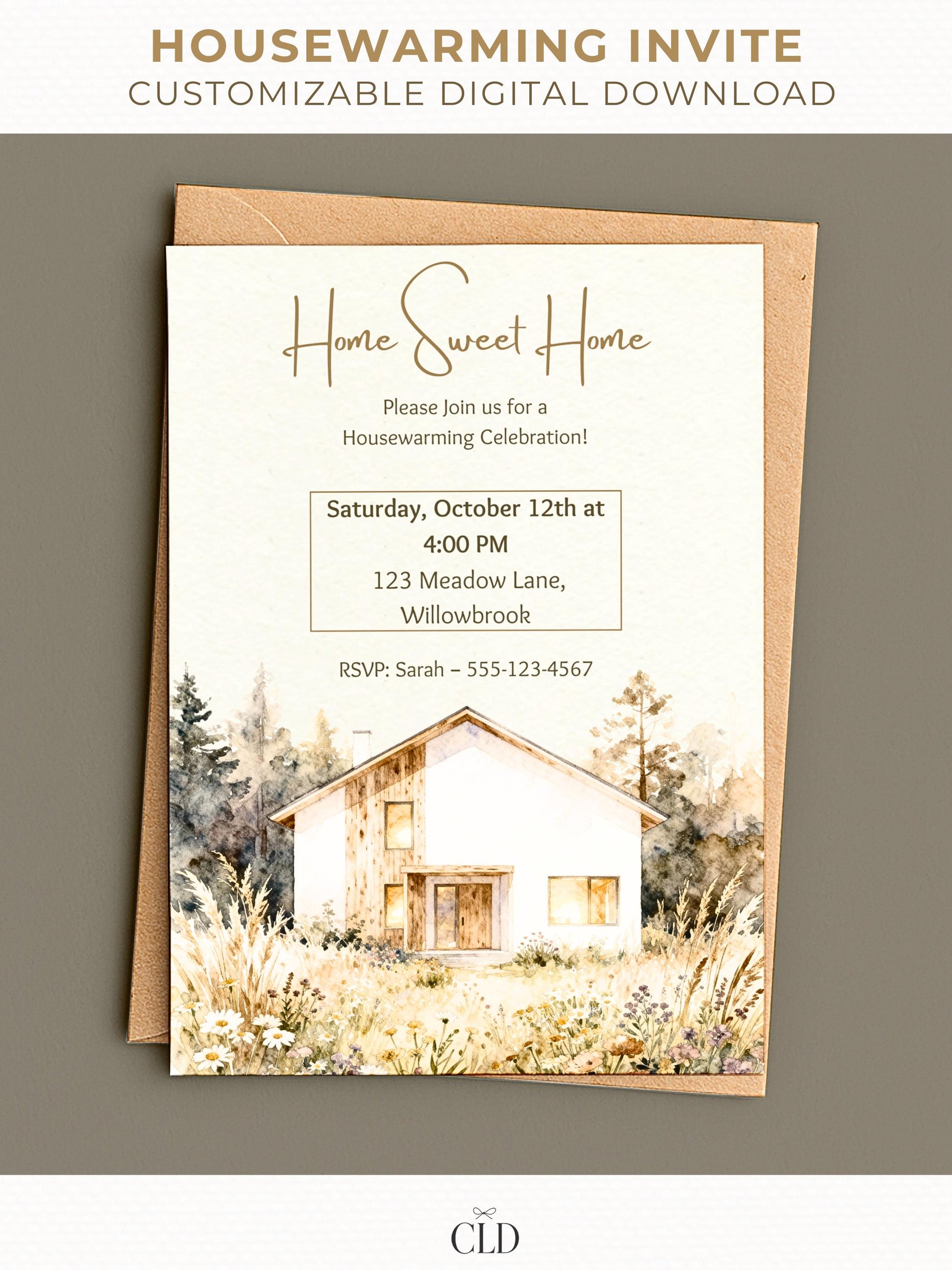 Home Sweet Home watercolor housewarming invitation template with modern rustic house and wildflower design, editable in Canva, shown in printable and digital formats