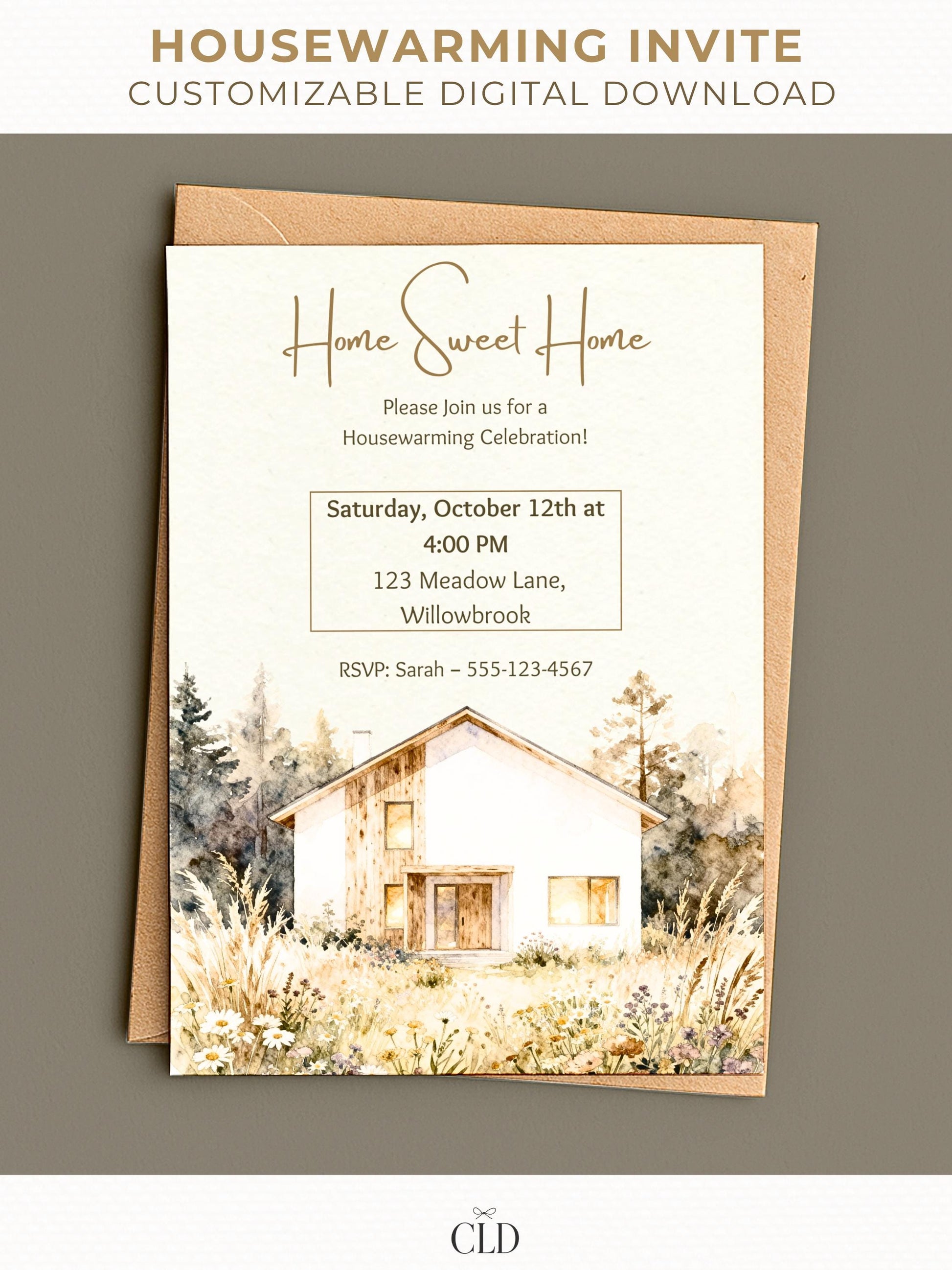 Home Sweet Home watercolor housewarming invitation template with modern rustic house and wildflower design, editable in Canva, shown in printable and digital formats