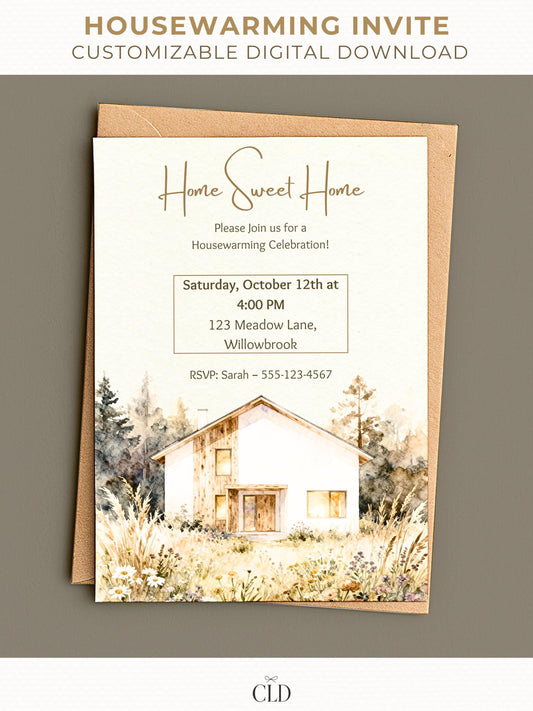 Home Sweet Home watercolor housewarming invitation template with modern rustic house and wildflower design, editable in Canva, shown in printable and digital formats