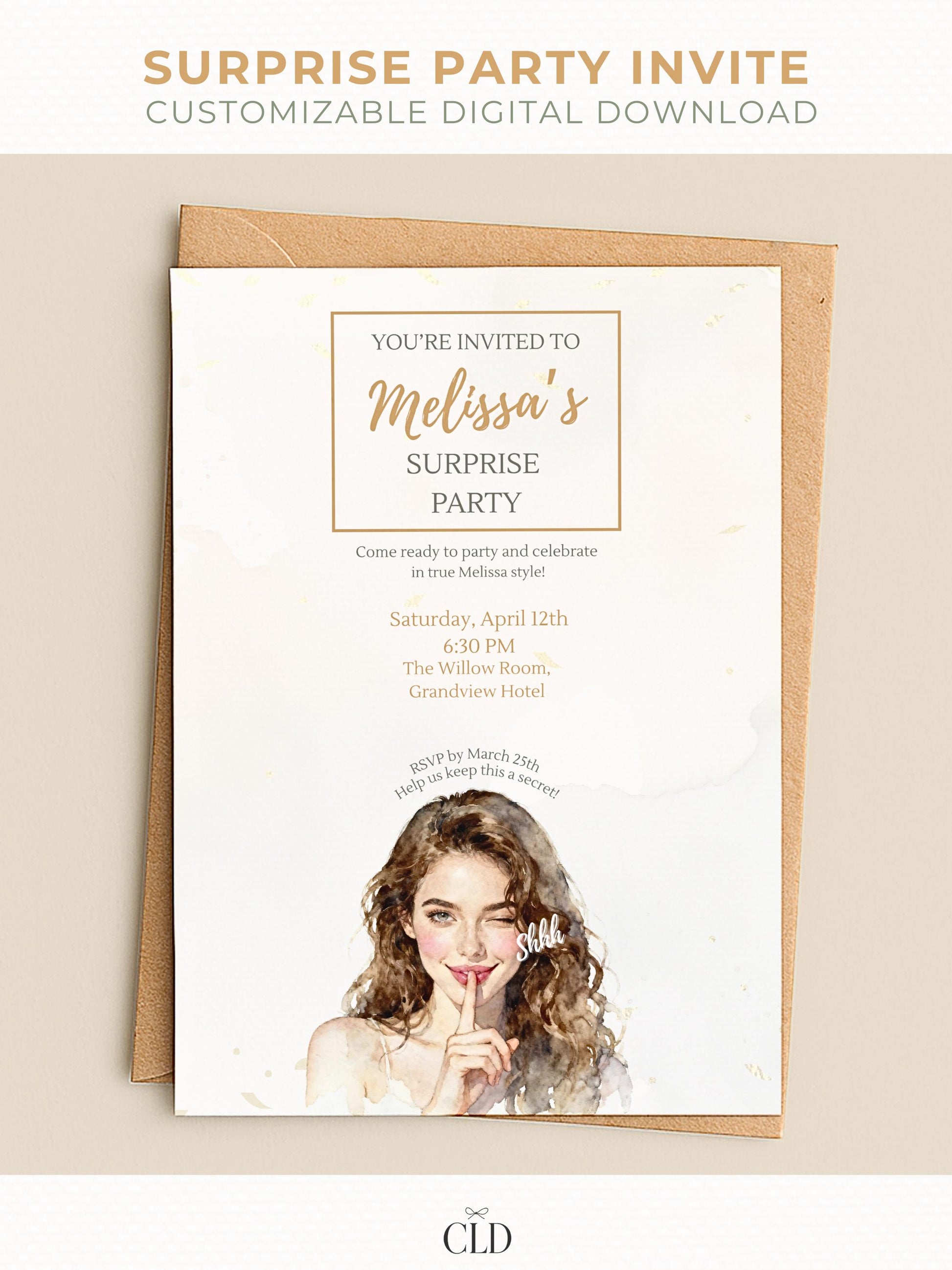 Elegant printable surprise party invitation template featuring a watercolor illustration of a woman holding a finger to her lips saying &#39;shh&#39;. Customizable digital download with modern minimal design for birthdays or special celebrations