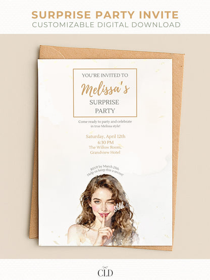 Elegant printable surprise party invitation template featuring a watercolor illustration of a woman holding a finger to her lips saying &#39;shh&#39;. Customizable digital download with modern minimal design for birthdays or special celebrations