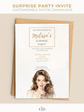 Elegant printable surprise party invitation template featuring a watercolor illustration of a woman holding a finger to her lips saying 'shh'. Customizable digital download with modern minimal design for birthdays or special celebrations