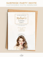Elegant printable surprise party invitation template featuring a watercolor illustration of a woman holding a finger to her lips saying 'shh'. Customizable digital download with modern minimal design for birthdays or special celebrations